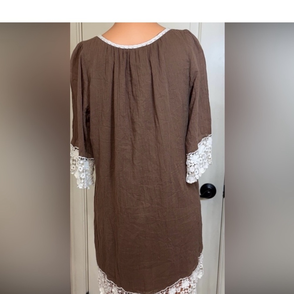 Umgee Boho Mini Dress Brown Lace Trim Flowy Peasant Cottagecore S - Picture 3 of 7
